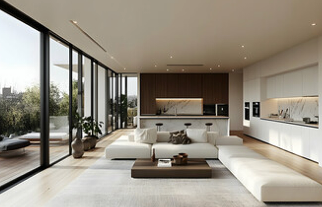 Salon moderne ouvert sur l'extérieur avec une vue panoramique et un mobilier épuré