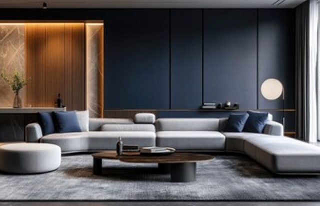 Grand salon moderne avec mobilier sobre, éclairage chaleureux et mur texturé