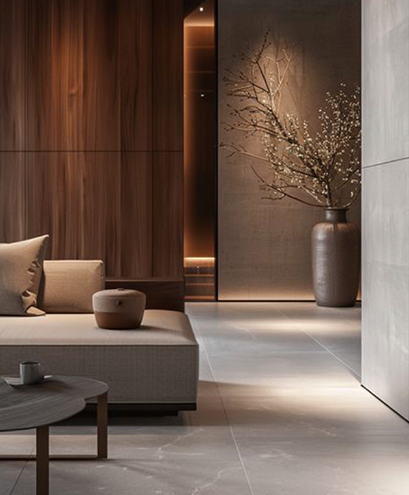 Salon moderne avec des matériaux naturels, éclairage tamisé et ambiance apaisante