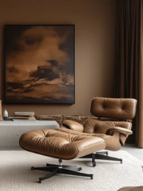 Fauteuil lounge en cuir marron avec repose-pieds.