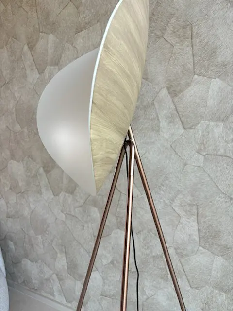Lampe sur pied au design organique et trépied en métal.