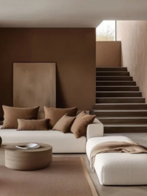 Salon minimaliste avec canapé blanc et murs marron.