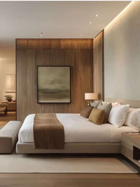 Chambre design avec mur en bois et éclairage tamisé.
