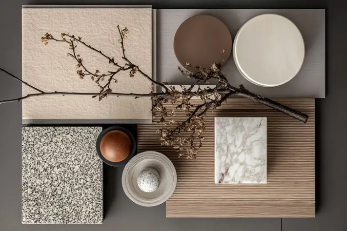 Palette de matériaux et textures pour design intérieur.