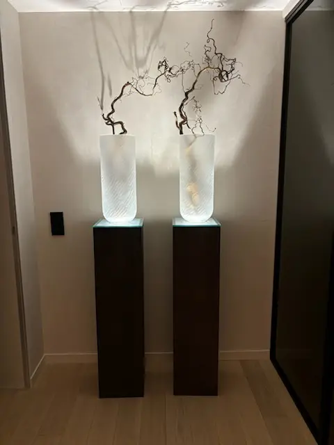 Vases en verre rétroéclairés avec branches sèches pour une décoration moderne